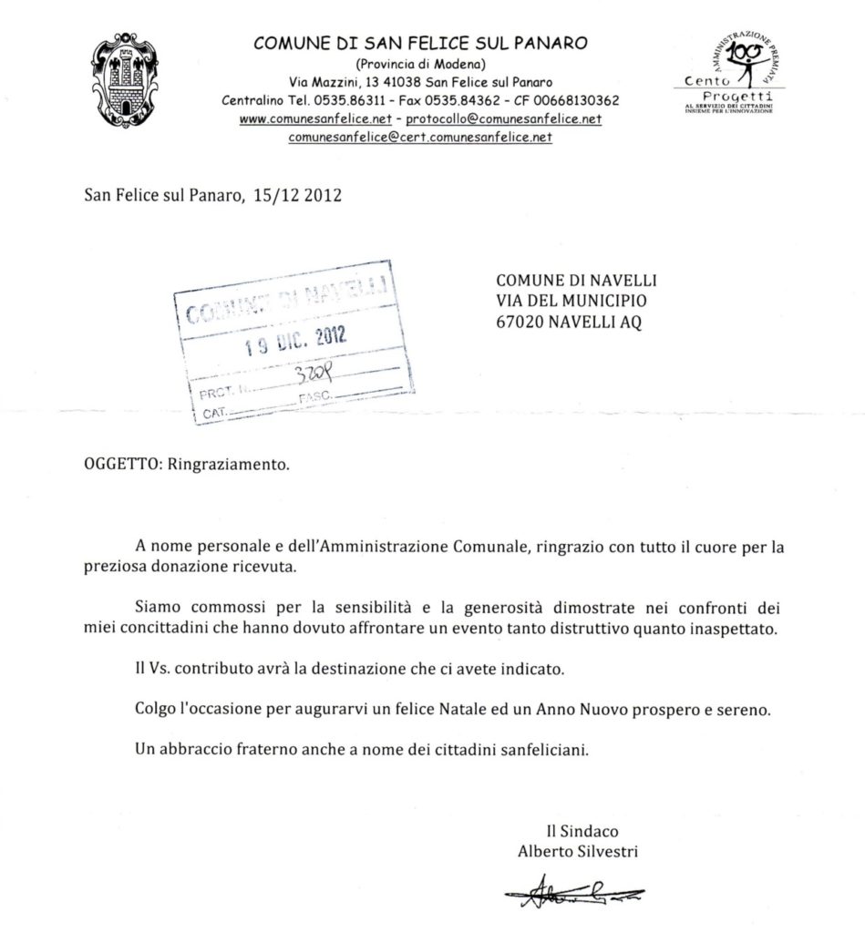 Ringraziamenti Sindaco San Felice sul Panaro