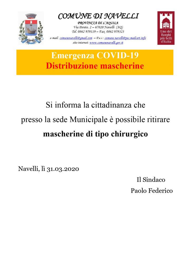Avviso distribuzione mascherine chirurgiche