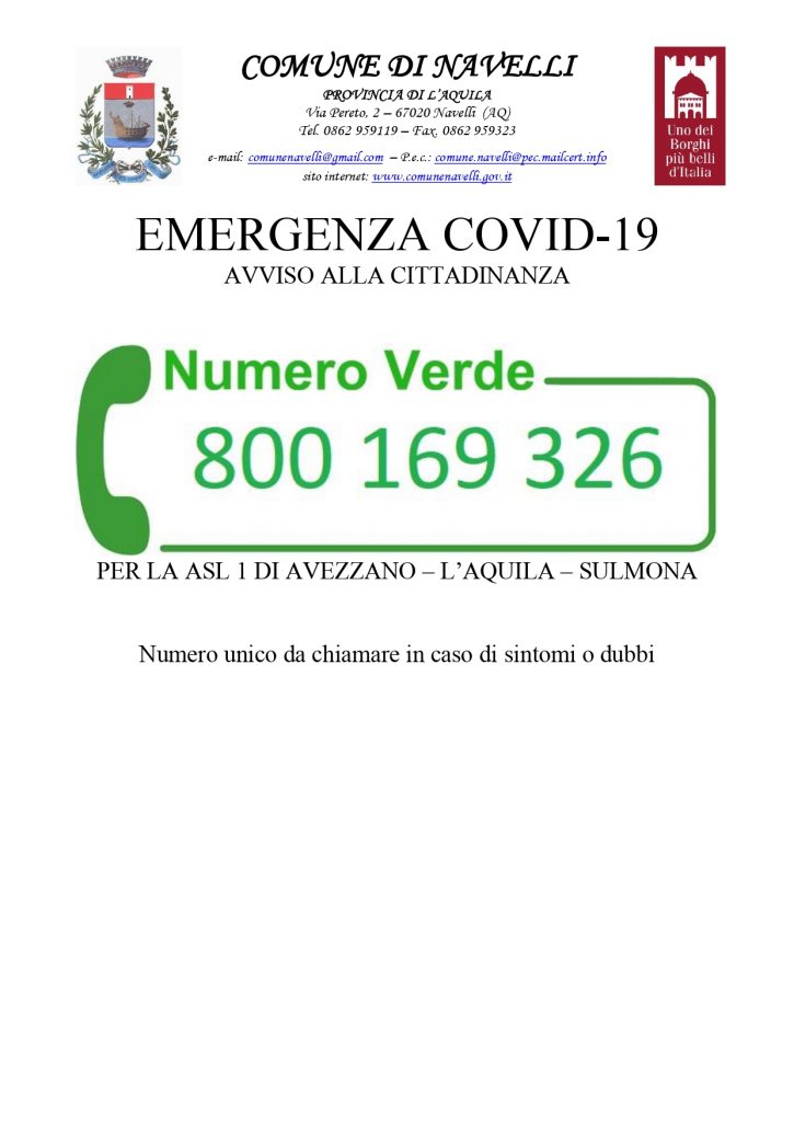 NUMER VERDE EMERGENZE COVID-19